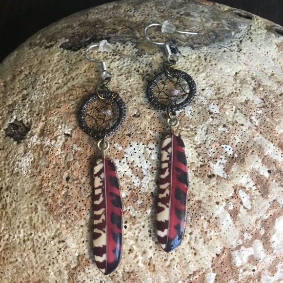 Hand Crafted Bohemian Dream Catcher Diamond Earrings w/ Falcon Feather Charms - Picture 2 of 12
